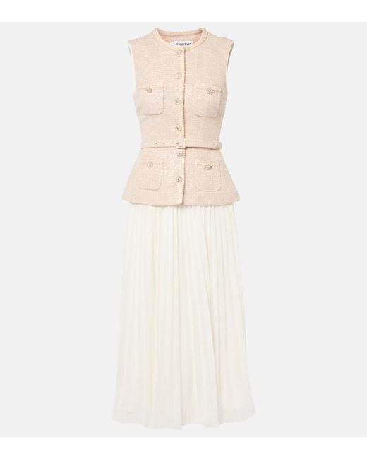 sleeveless tailored boucle and chiffon midi dress Ivory Boucle Tailored Sleeveless Satin Mix Full Skirted Midi Dress