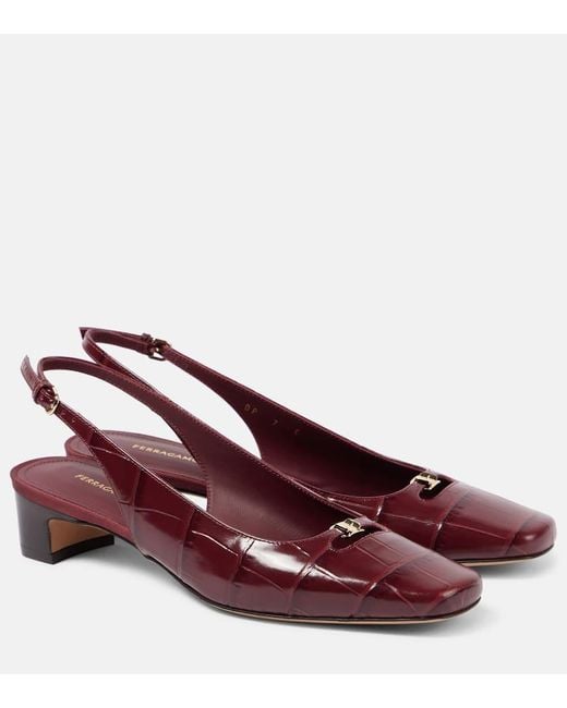 Ferragamo Red Croc-Effect Leather Slingback Pumps