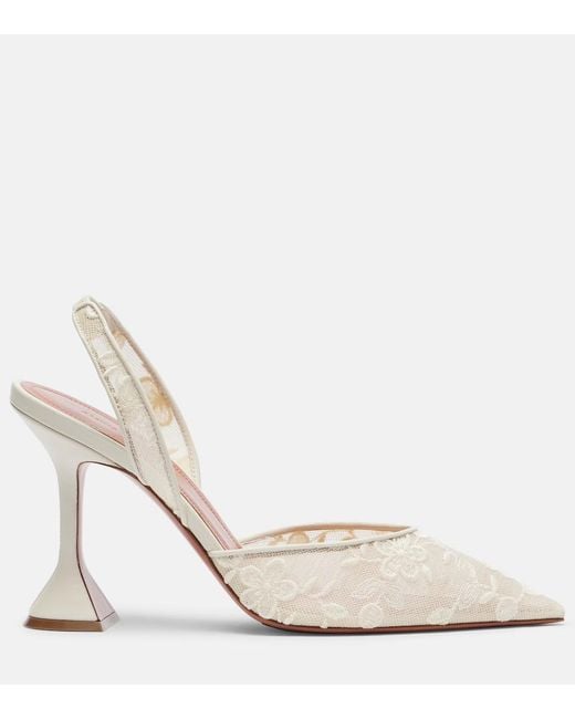 AMINA MUADDI Natural Holli Leather-Trimmed Lace Slingback Pumps