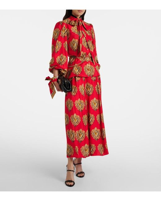Dolce & Gabbana Red Printed Tie-Neck Silk Blouse