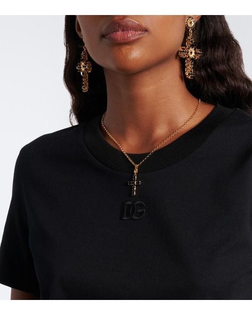 Dolce & Gabbana Black Dg Lace-Trimmed Cotton-Blend T-Shirt