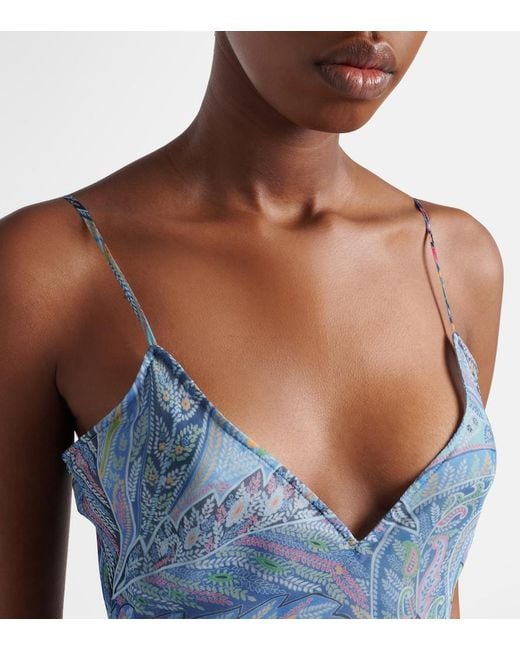 Etro Blue Paisley Floral Tiered Silk Chiffon Maxi Dress