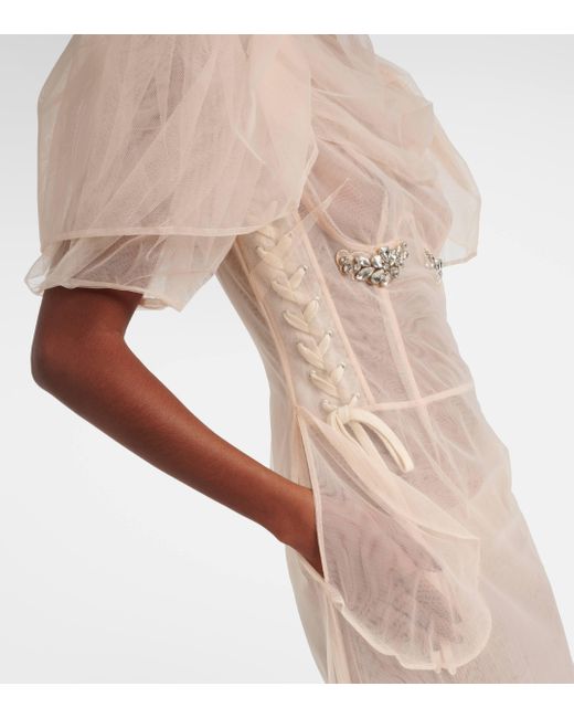 Simone Rocha Natural Embellished Ruched Mesh Midi Dress