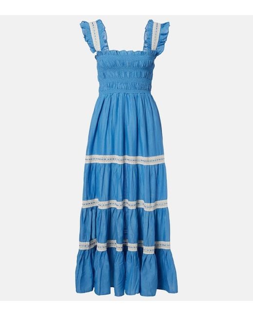 Rixo Blue Aubrie Lace-Trimmed Cotton Voile Midi Dress