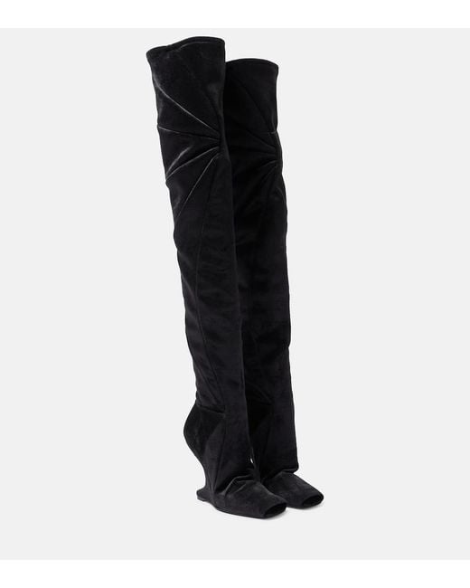 Rick Owens Black Cantilever Velvet Over-The-Knee Boots