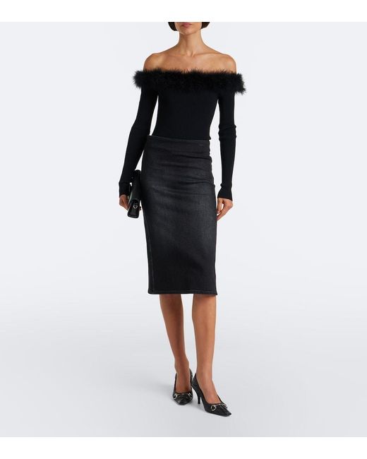 Gucci Black Feather-Trimmed Ribbed-Knit Top