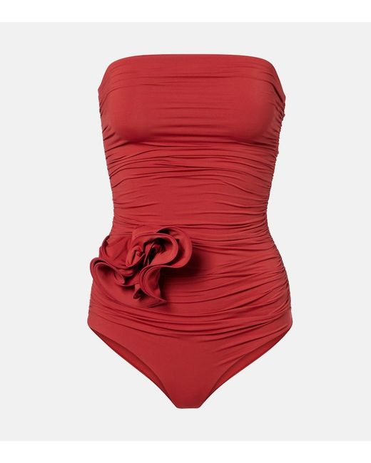 Magda Butrym Red Floral-Applique Ruched Swimsuit