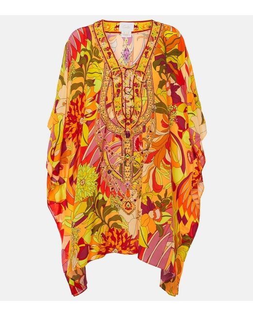 Camilla Orange Embellished Floral Silk Beach Dress