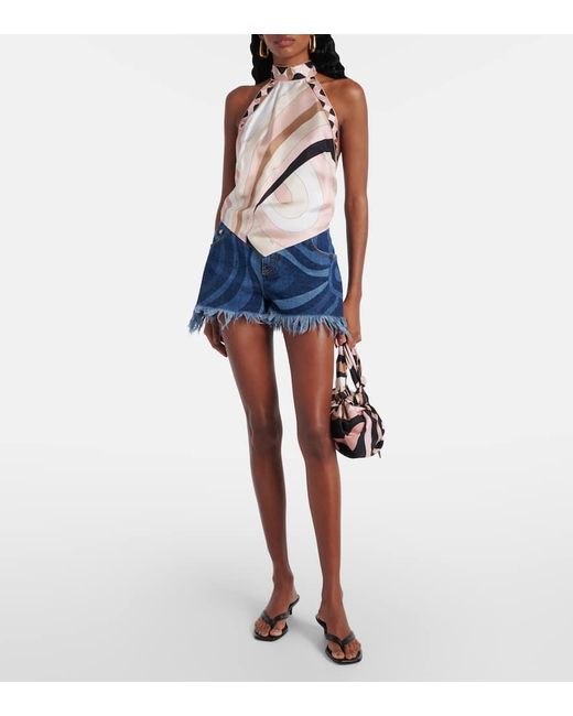 Emilio Pucci Blue Marmo Fringed Denim Shorts
