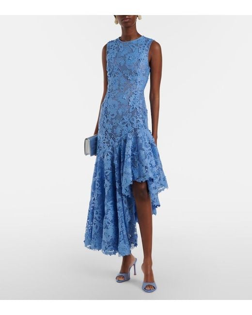 Oscar de la Renta Blue Asymmetric Floral Embroidered Cocktail Dress