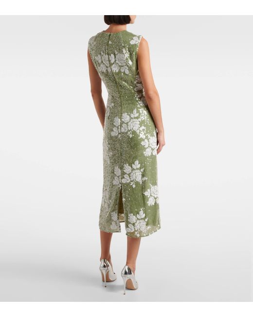 Erdem Green Sequined Floral Pencil Midi Dress