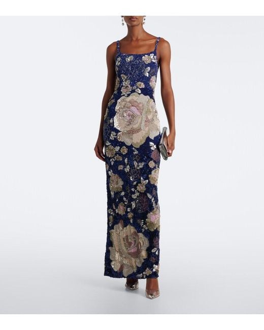 La Fuori Blue Sequined Floral Gown