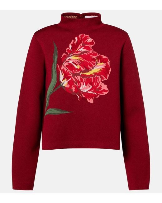 Carolina Herrera Red Floral Jacquard Cotton And Wool Sweater