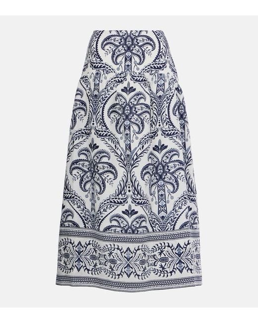 Farm Rio Blue Tropical Cameo Printed Linen Midi Skirt