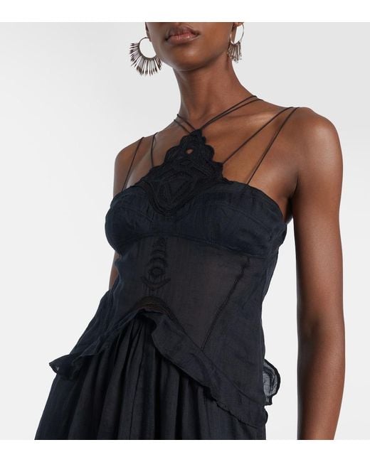 Isabel Marant Black Lindy Lace-Trimmed Embroidered Ramie Maxi Dress