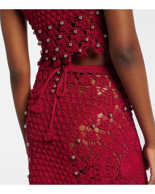 Rabanne Red Embellished Crochet Cotton Midi Skirt