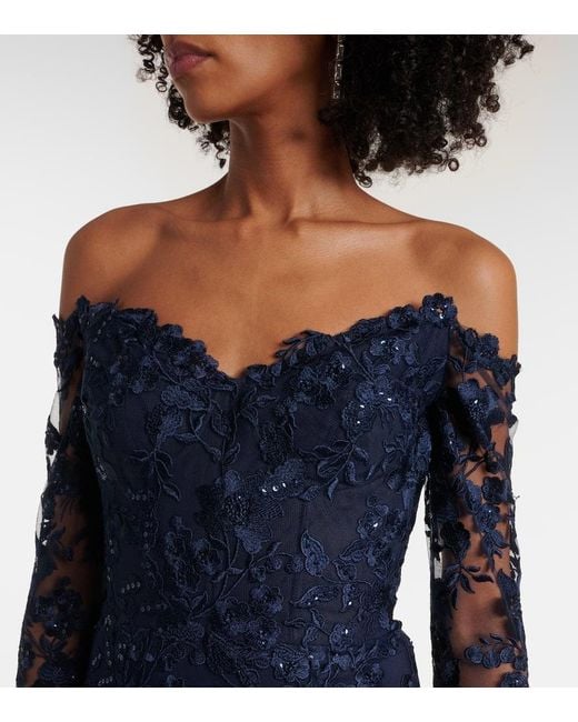 Monique Lhuillier Blue Bestickte Robe Aus Tuell