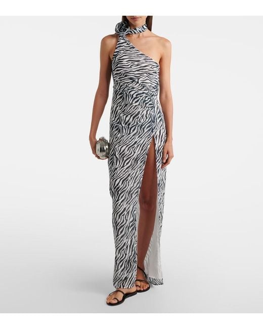 Bananhot White Louise Zebra-Print One-Shoulder Maxi Dress