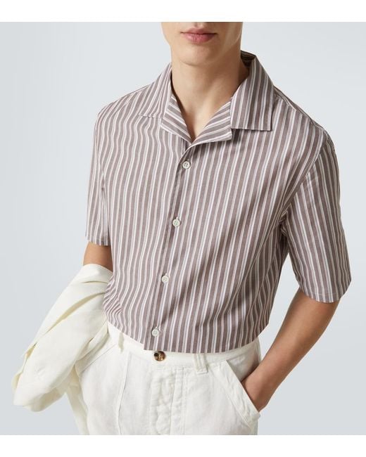 Brunello Cucinelli Brown Striped Cotton Bowling Shirt for men