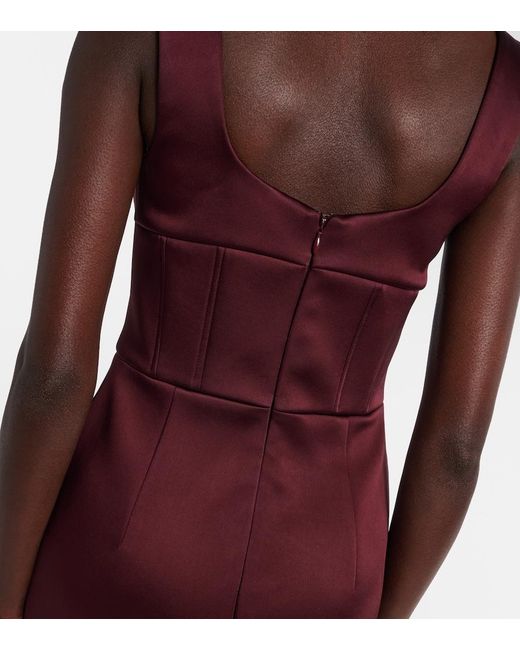 Rebecca Vallance Purple Merlot Ruched Satin Midi Dress