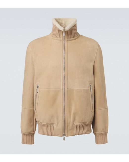 Brunello Cucinelli Natural Shearling-Lined Suede Bomber Jacket for men