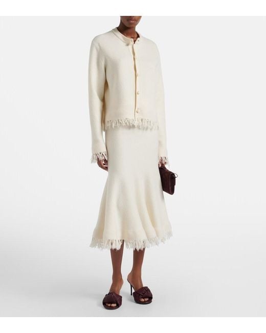 Bottega Veneta Natural Fringed Wool Midi Skirt