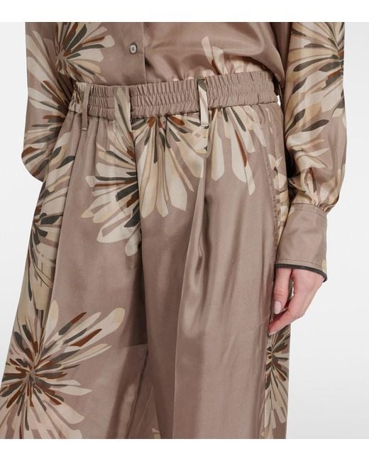 Brunello Cucinelli Natural Floral Silk Pongee Wide-Leg Pants