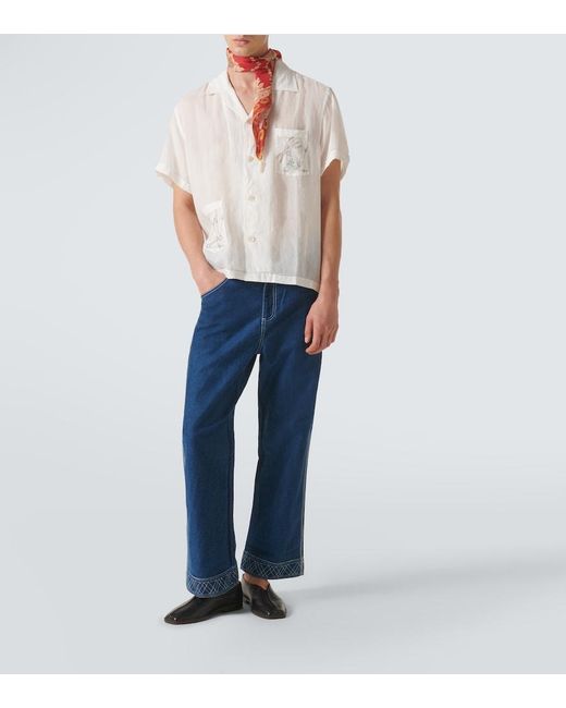 Bode White Skiers Linen Bowling Shirt for men