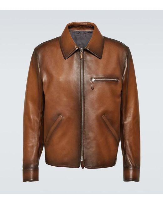 Berluti Brown Patina 1 Jour Leather Blouson Jacket for men