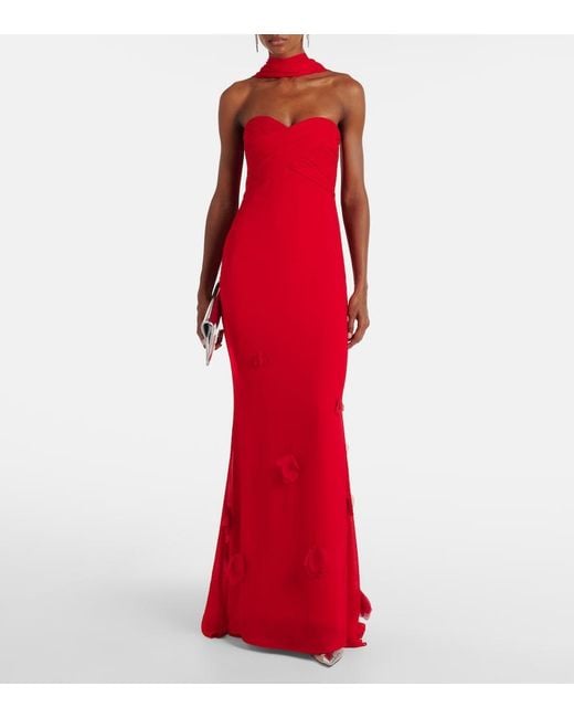 Self-Portrait Red Floral-Applique Scarf-Detail Gown