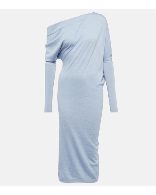 Tom Ford Blue One-Shoulder Cashmere And Silk Midi Dress