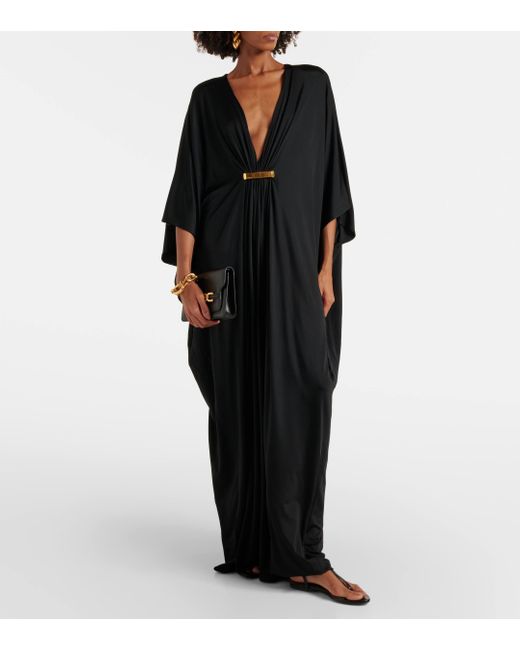 Tom Ford Black Gathered Satin Jersey Kaftan