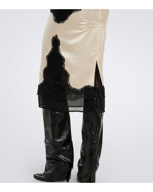 The Attico Black Lace-Trimmed Satin Midi Skirt