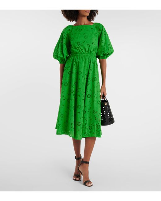 Carolina Herrera Green Openwork Embroidered Cotton Midi Dress
