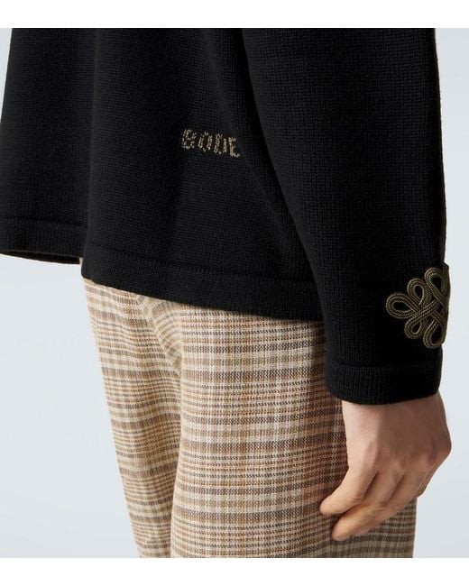 Bode Blue Looped Frog Embroidered Wool Cardigan for men