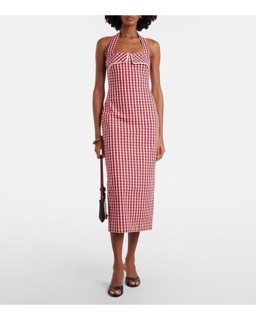 Posse Red Ebony Gingham Lace-Trimmed Cotton-Blend Midi Dress