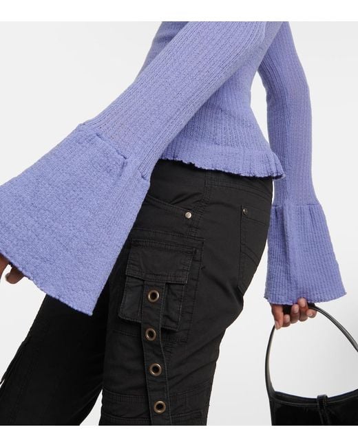 Blumarine Blue Ruffle-Trimmed Ribbed-Knit Wool Sweater