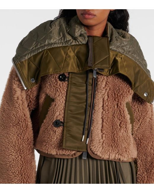 Sacai Brown Twill-Trimmed Faux Fur Jacket