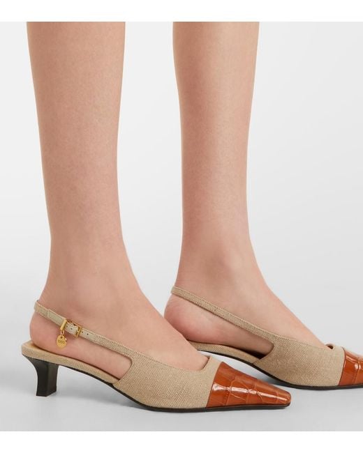 Tod's Natural Leather-Trimmed Canvas Slingback Pumps