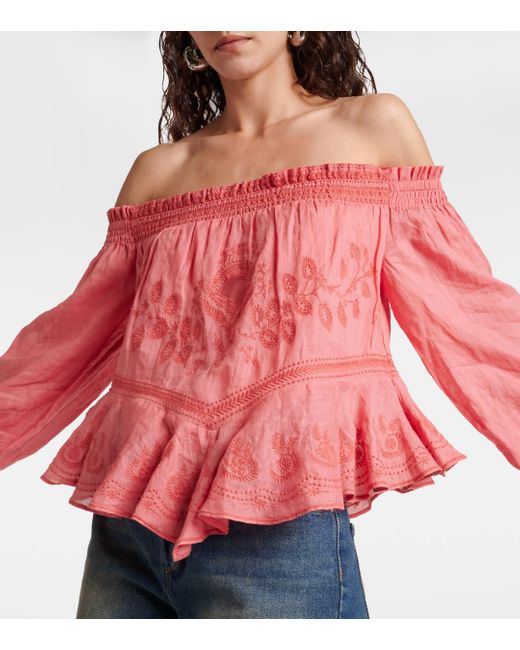 Isabel Marant Pink Erine Embroidered Off-shoulder Top