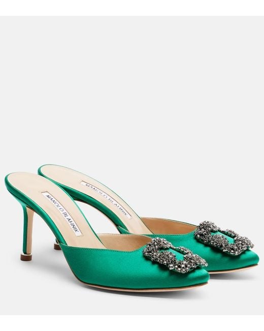 Manolo Blahnik Green Hangisimu 70 Embellished Satin Mules