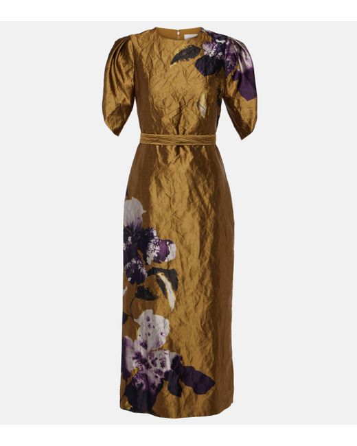 Erdem Metallic Astrea Floral-print Crinkled-satin Midi Dress