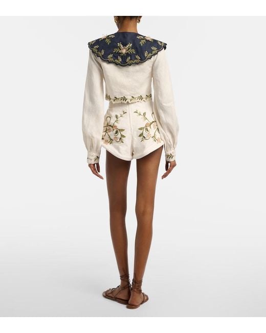 Agua Bendita Natural Gatti Embroidered Linen Shorts