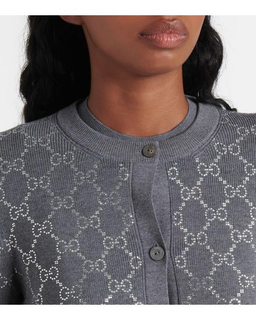 Gucci Blue Gg Embellished Wool Jacquard Cardigan