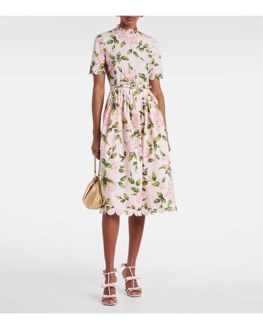 Robe Midi En Coton Melange A Fleurs Oscar de la Renta en coloris White