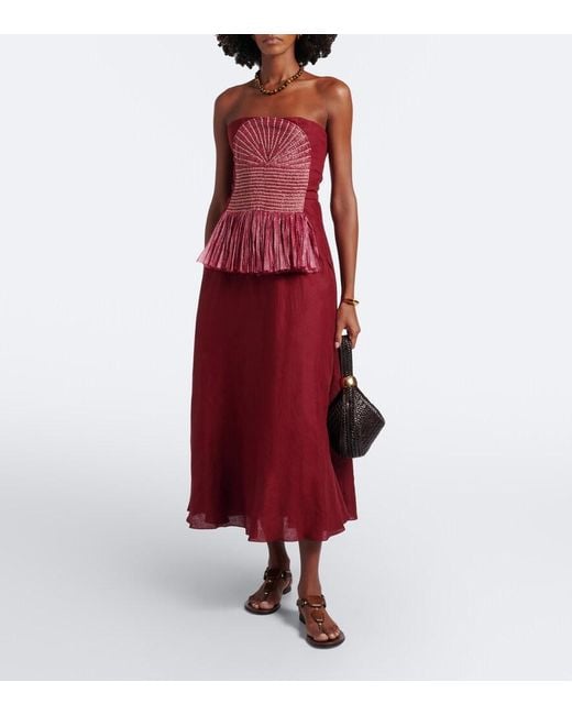 Johanna Ortiz Red Exploring Textures Linen Maxi Dress