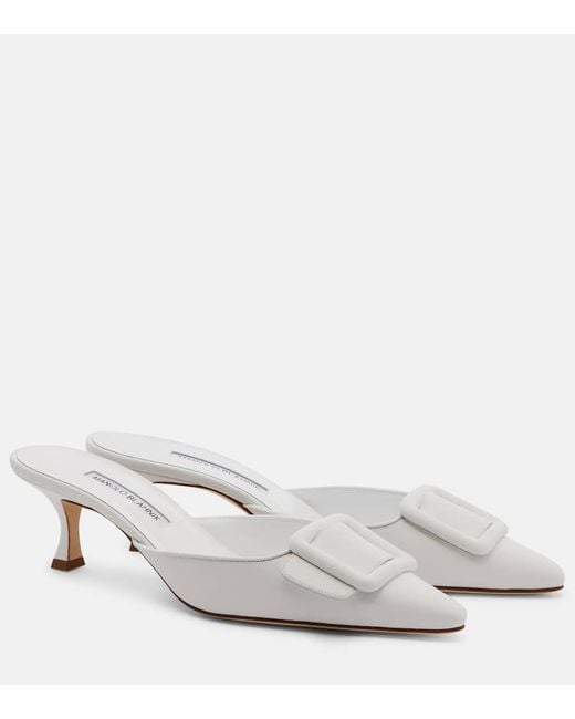 Manolo Blahnik White Maysale 50 Leather Mules