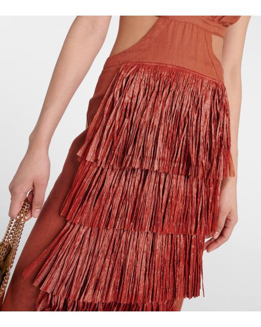 Johanna Ortiz Red Fringed Cutout Linen Midi Dress