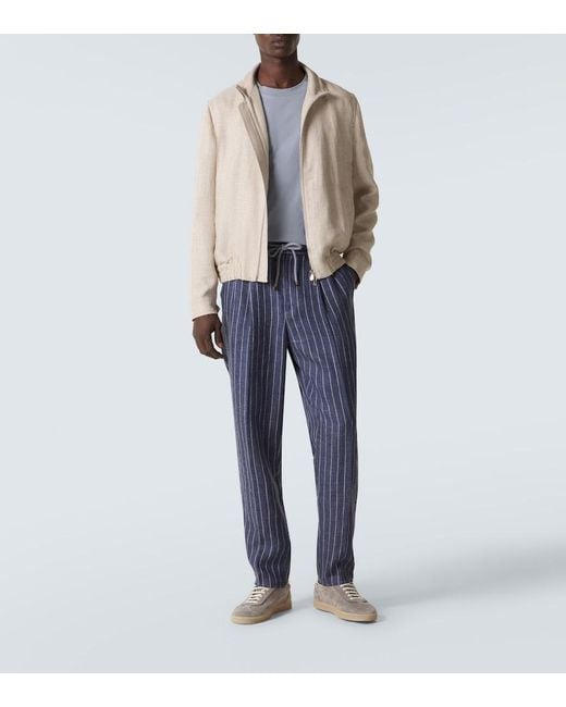 Brunello Cucinelli Blue Striped Linen Straight Pants for men