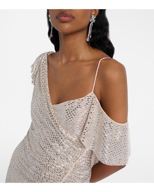 Self-Portrait White Draped Rhinestone-Embellished Maxi Dress